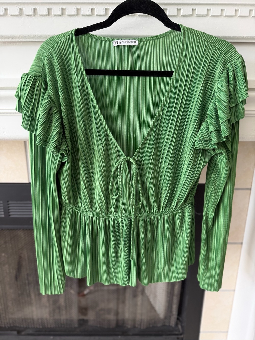 Zara Pleated Green Tie-Front Peplum Blouse